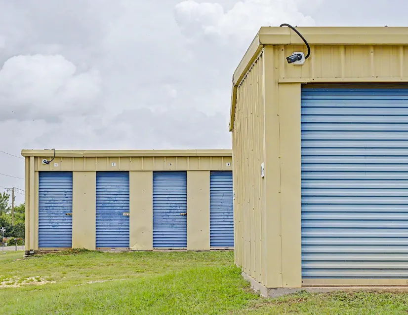 Aerial view of the storage buildings and RV parking area in Rockdale, TX