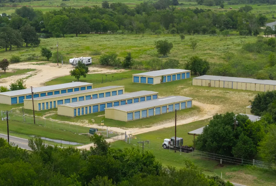 Aerial view of Spearhead Storage in Rockdale, TX with drive-up buildings and RV parking